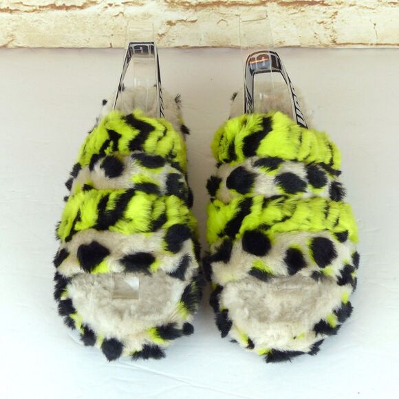UGG Fluff Yeah Animalia Slippers Women 8 Neon Green Black Leopard Sandals Grunge - Picture 5 of 15